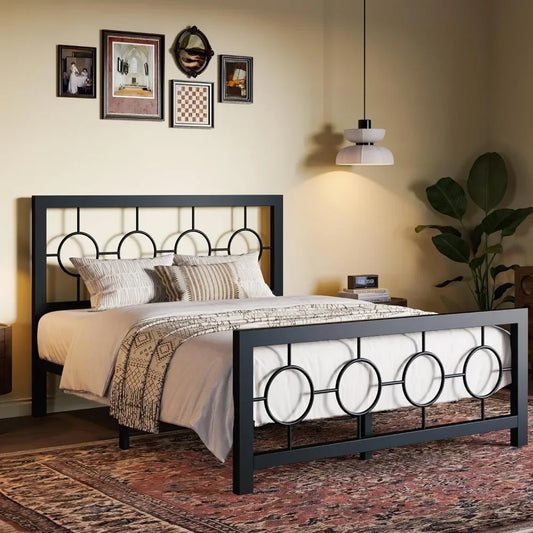 Vintage Metal Bed Frame with Circular Headboard & Footboard