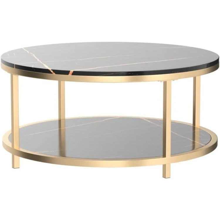 Round Coffee Table with Faux Black Marble Top & Gold Frame