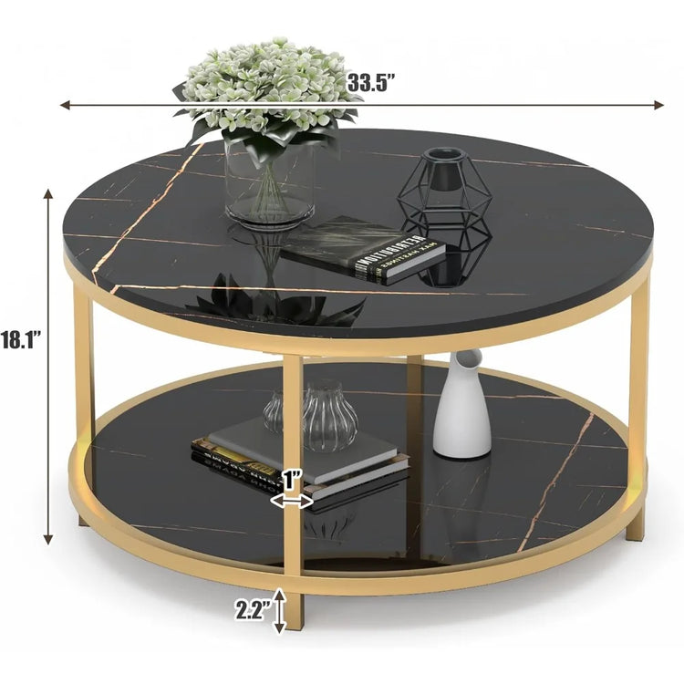 Round Coffee Table with Faux Black Marble Top & Gold Frame