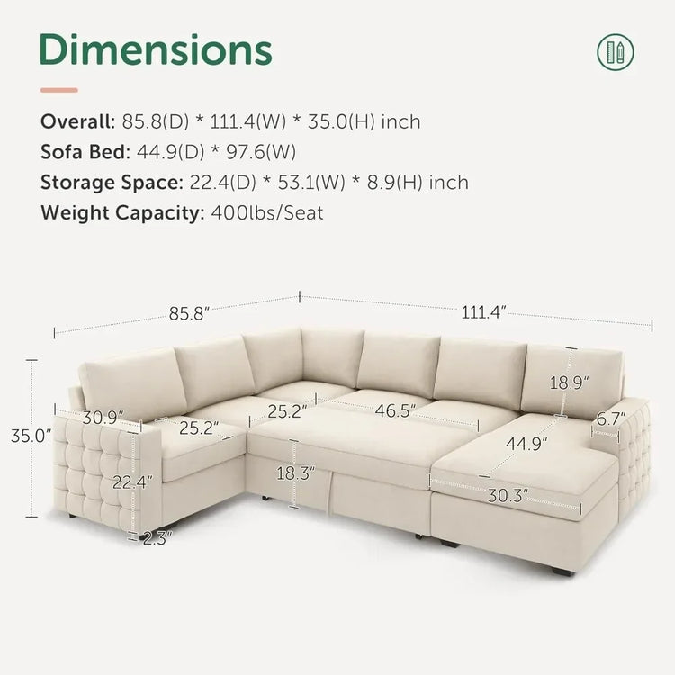 U-Shaped Velvet Sectional Sleeper Sofa with Storage Chaise