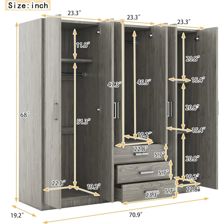 6-Door Armoire Wardrobe with Drawers and Shelves