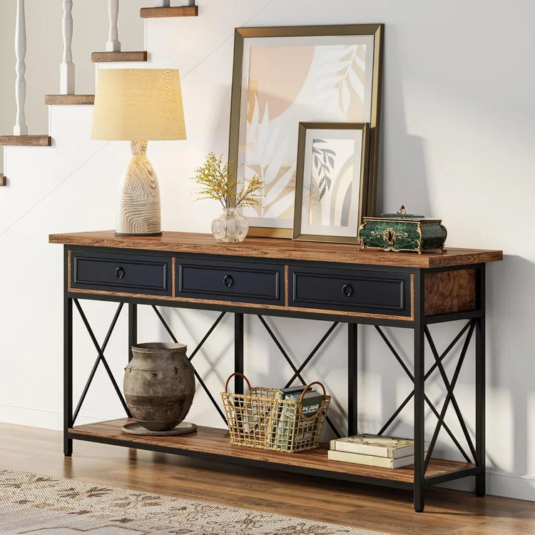 Extra Long Farmhouse Console Table with Drawers & Shelf