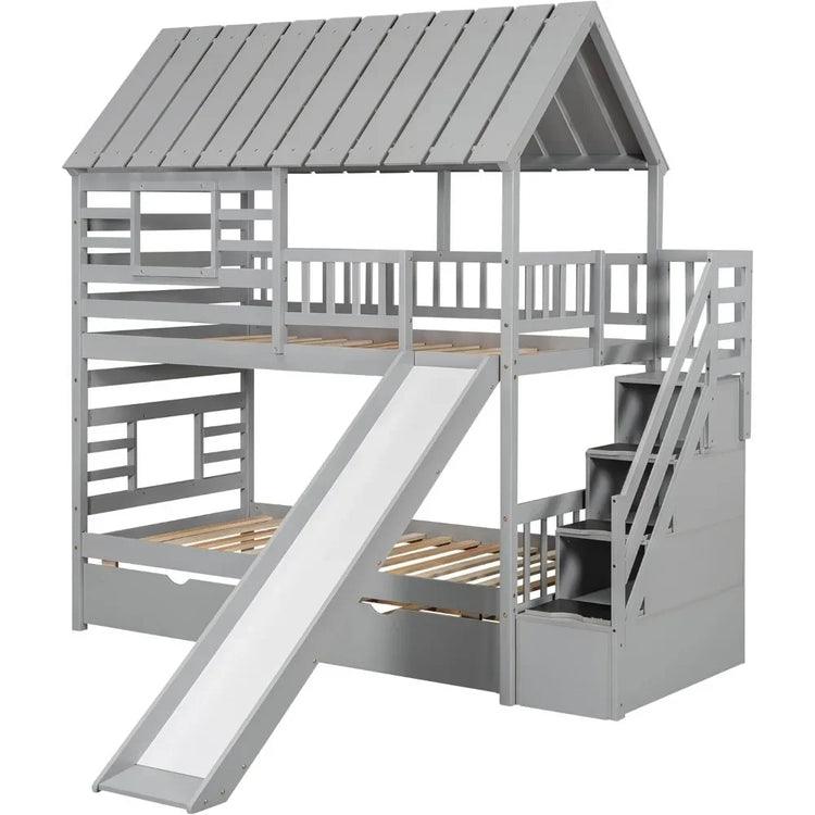 Twin Over Twin Playhouse Bunk Bed with Slide