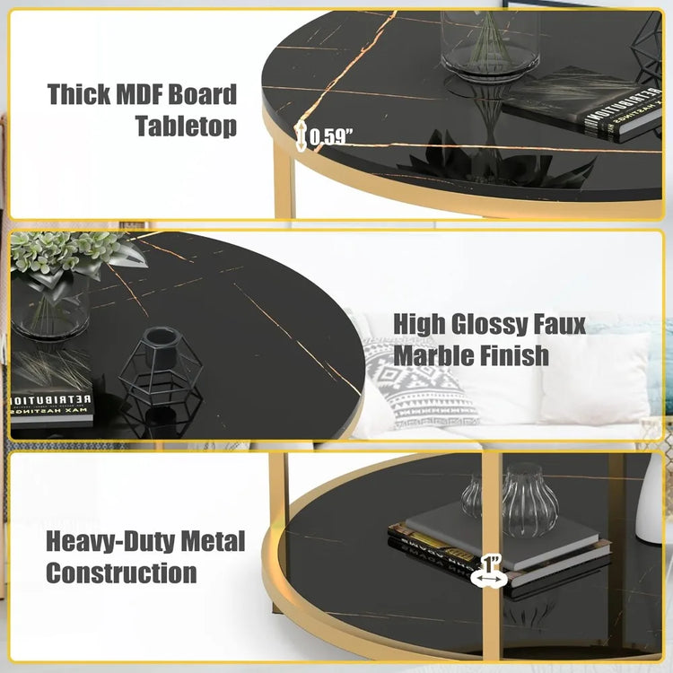 Round Coffee Table with Faux Black Marble Top & Gold Frame