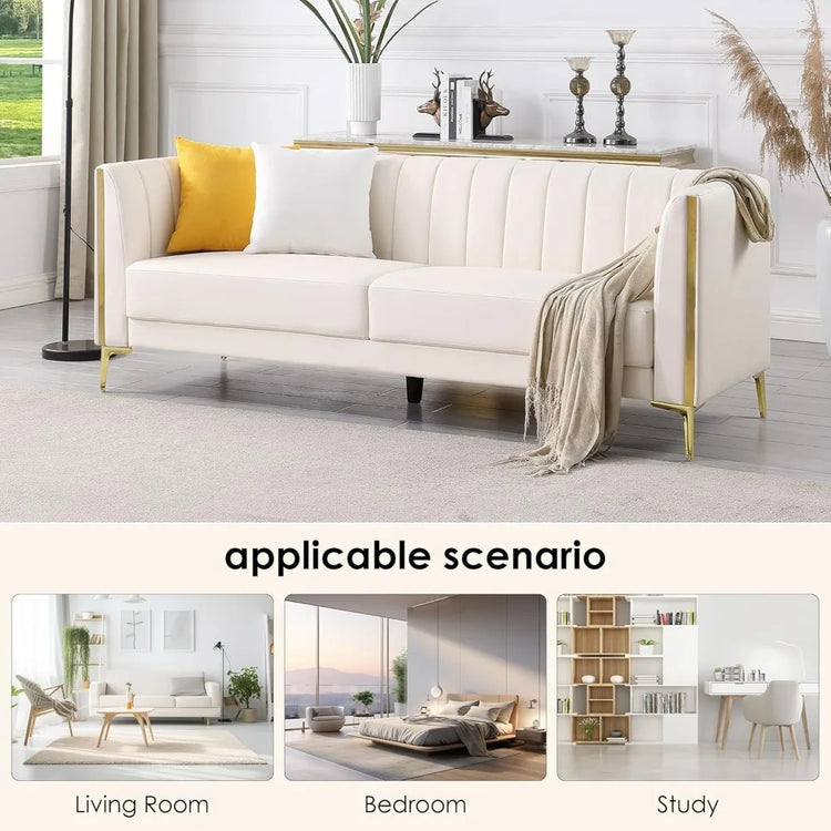 Modern White Faux Leather Sofa with Pillows