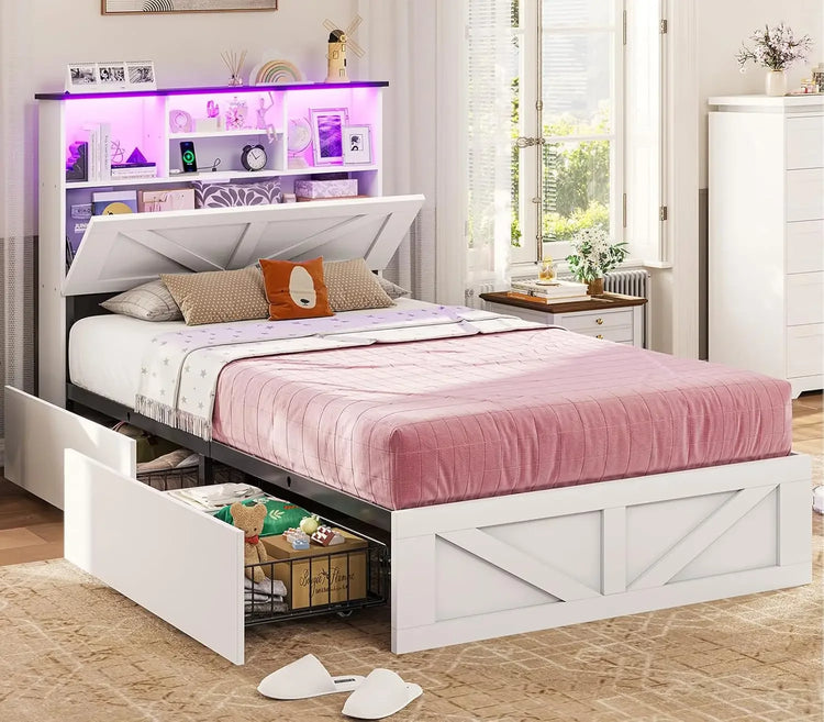 Farmhouse Twin Bed Frame with Bookcase Headboard