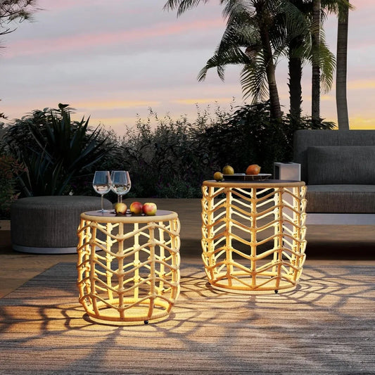 Boho Wicker Nesting Tables with Solar Lights - Set of 2