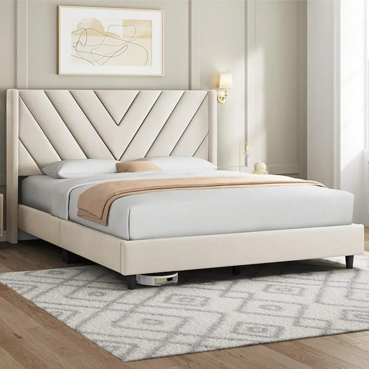 Queen Upholstered Platform Bed with Tufted Wingback Headboard