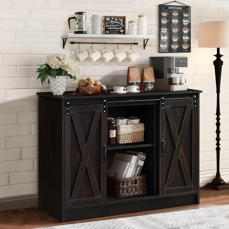 Farmhouse Coffee Bar Cabinet with Sliding Barn Door
