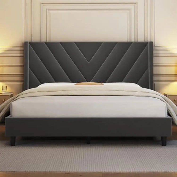 Queen Upholstered Platform Bed with Tufted Wingback Headboard