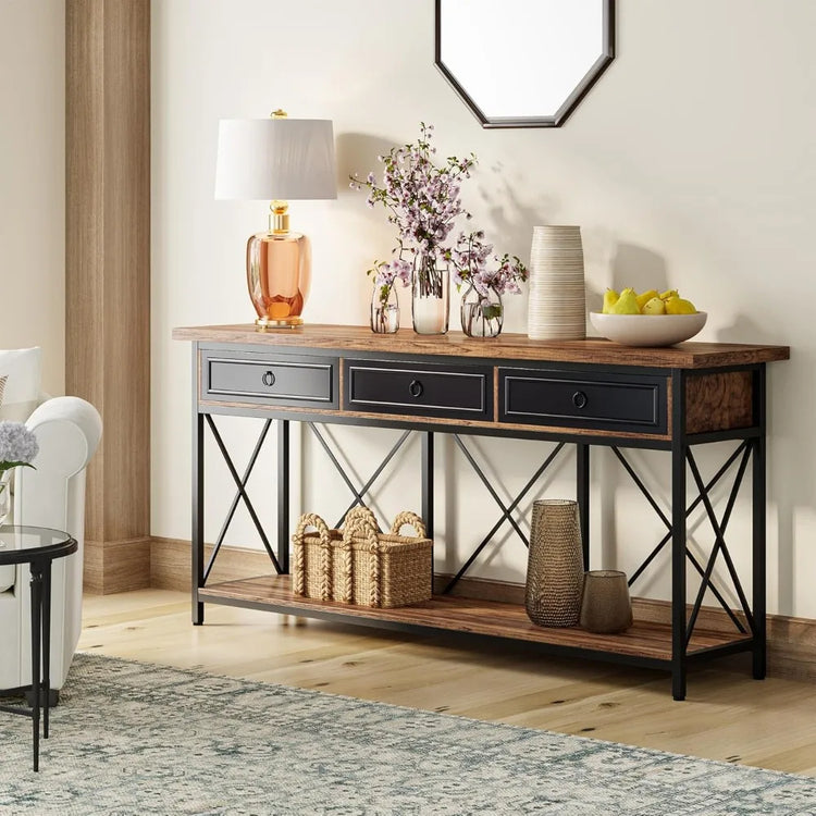 Extra Long Farmhouse Console Table with Drawers & Shelf