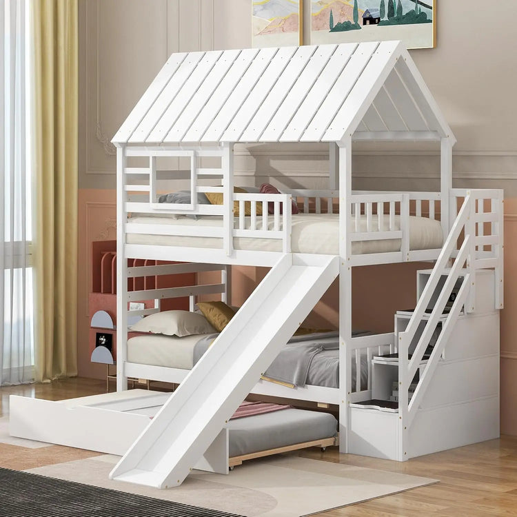 Twin Over Twin Playhouse Bunk Bed with Slide