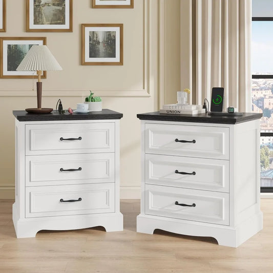 Farmhouse 3-Drawer Nightstand Set of 2 with Charging Station