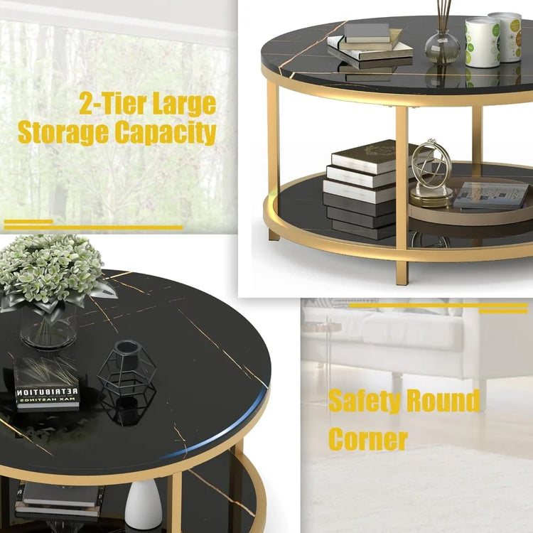 Round Coffee Table with Faux Black Marble Top & Gold Frame