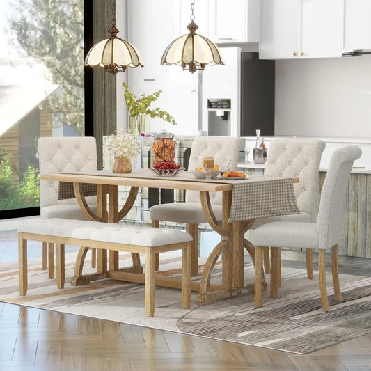 6-Piece Wooden Dining Table Set with Bench & Upholstered Chairs