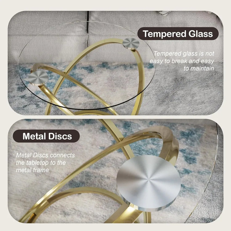 Round Glass Coffee Table with Gold Metal Frame