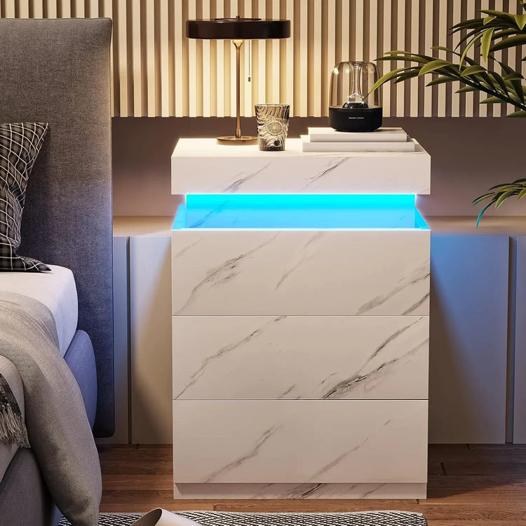 Modern LED Nightstand with Charging Station & Sliding Top