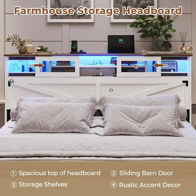 Farmhouse King Bed Frame with Bookcase Headboard