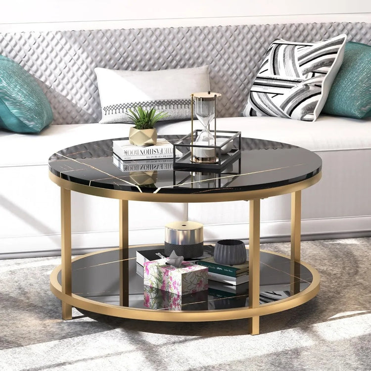 Round Coffee Table with Faux Black Marble Top & Gold Frame