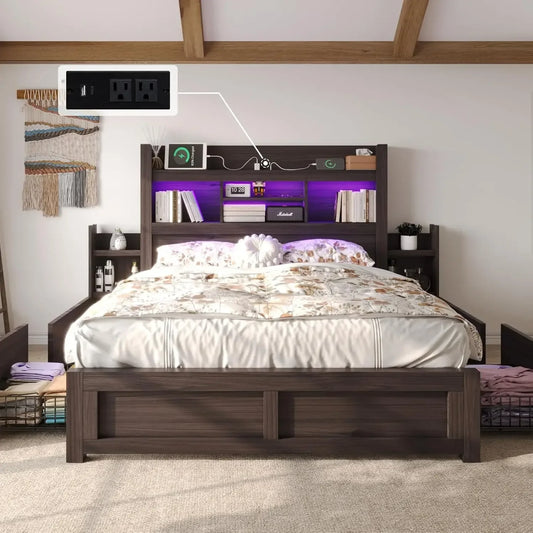 Farmhouse Queen Bed Frame with Bookcase Headboard and Attached Side Shelves