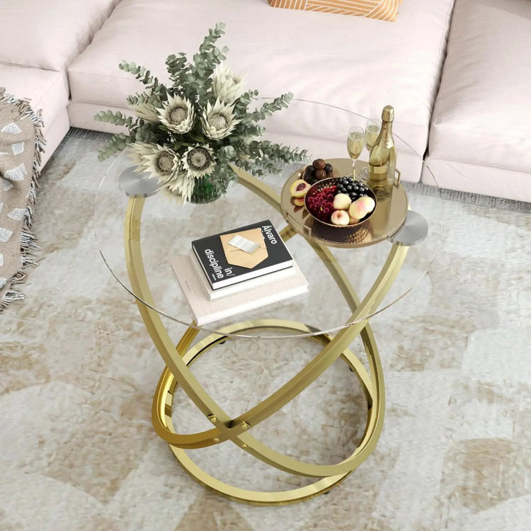 Round Glass Coffee Table with Gold Metal Frame