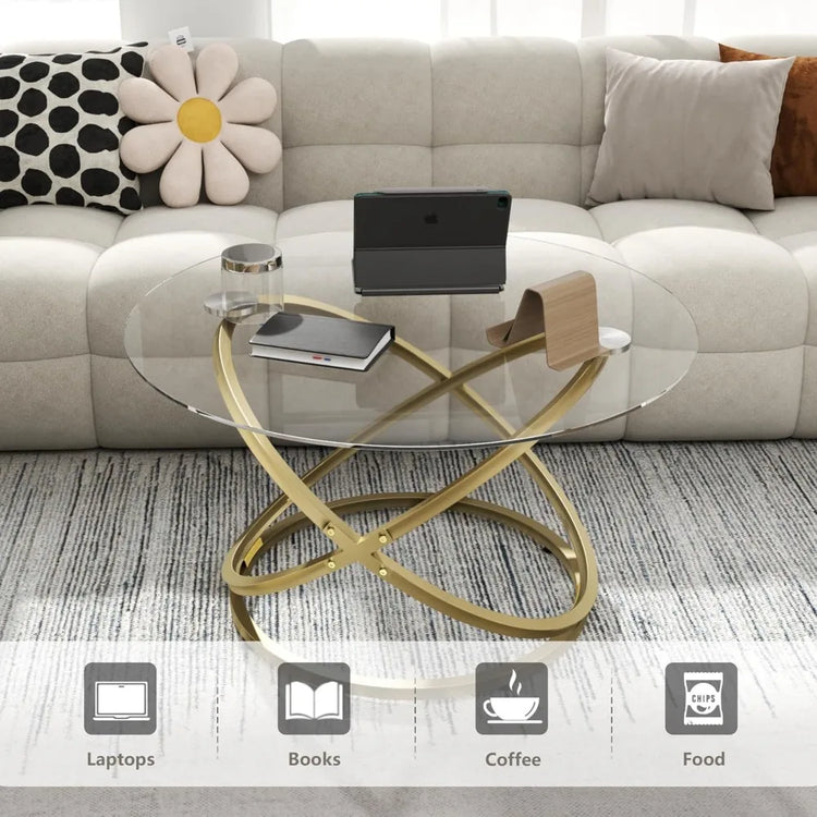 Round Glass Coffee Table with Gold Metal Frame