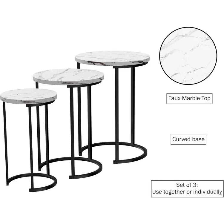 Set of 3 Round Nesting Side Tables with Faux Marble Tops