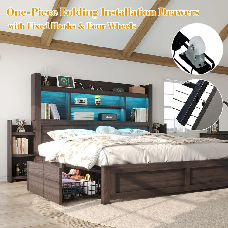 Farmhouse Queen Bed Frame with Bookcase Headboard and Attached Side Shelves