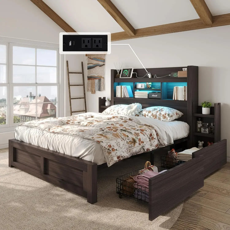 Farmhouse Queen Bed Frame with Bookcase Headboard and Attached Side Shelves