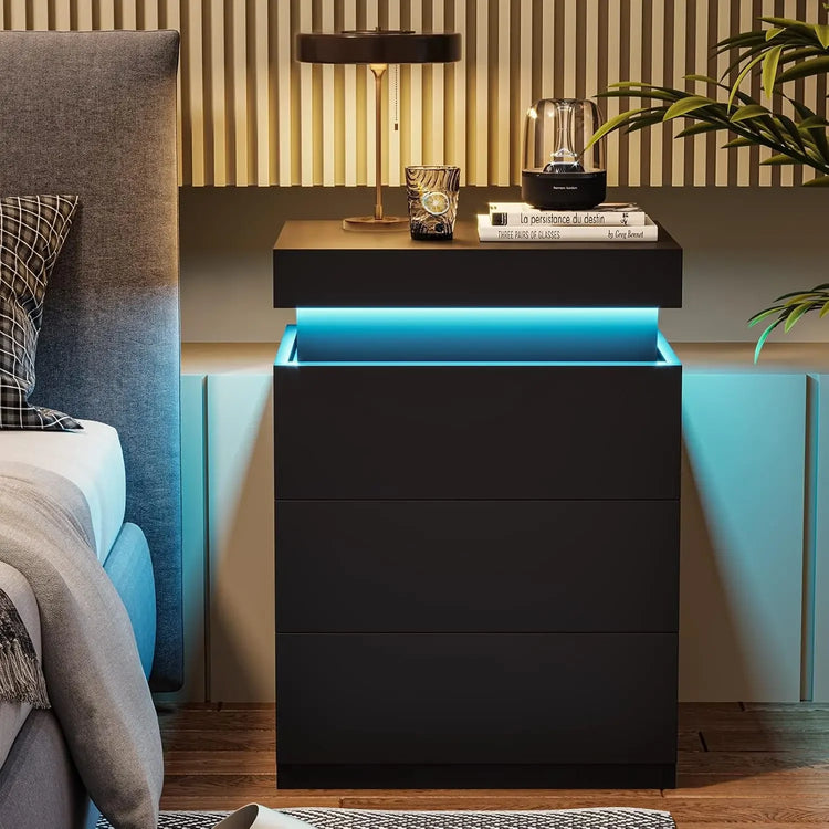 Modern LED Nightstand with Charging Station & Sliding Top
