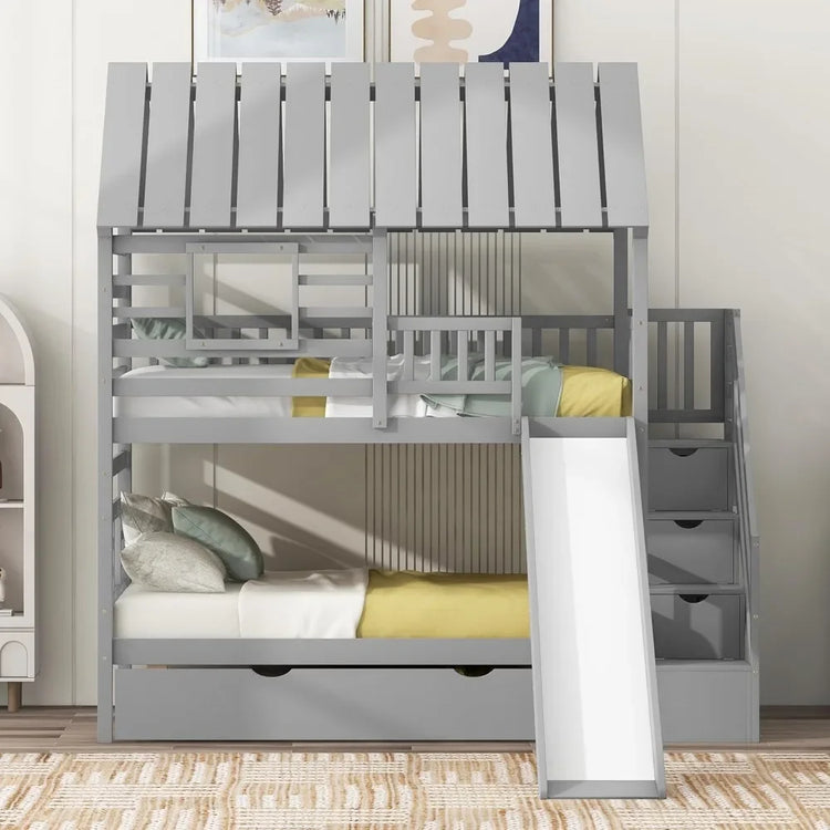 Twin Over Twin Playhouse Bunk Bed with Slide