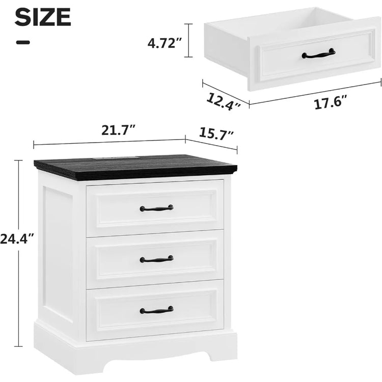 Farmhouse 3-Drawer Nightstand Set of 2 with Charging Station