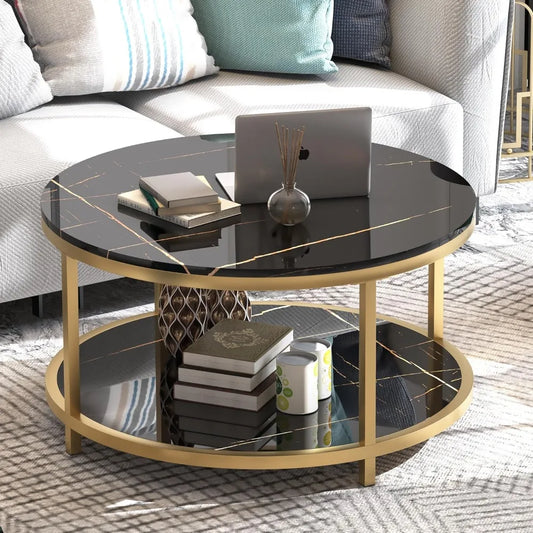 Round Coffee Table with Faux Black Marble Top & Gold Frame