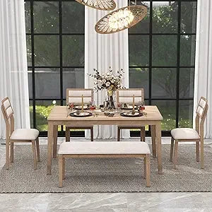 6-Piece Wooden Dining Table Set with Bench & Upholstered Chairs