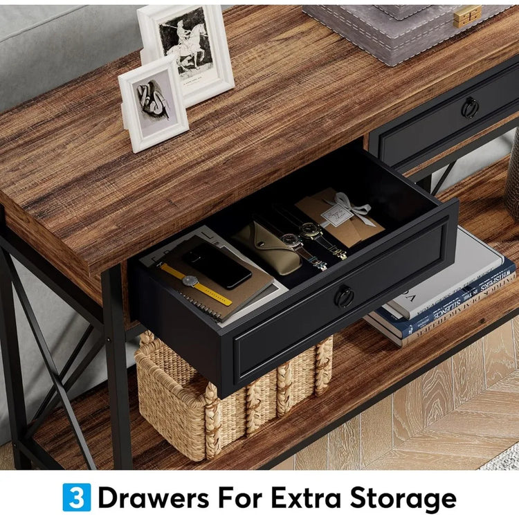 Extra Long Farmhouse Console Table with Drawers & Shelf