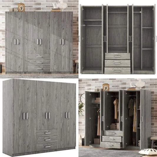 6-Door Armoire Wardrobe with Drawers and Shelves