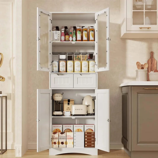 Tall Kitchen Pantry Storage Cabinet with Glass Door