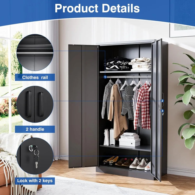 72" Metal Armoire Wardrobe with Shelves