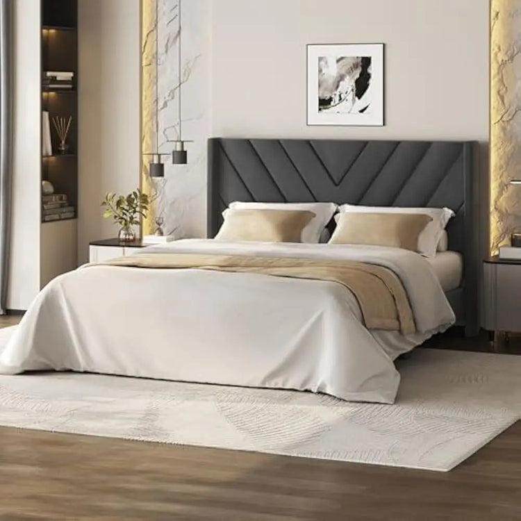 Queen Upholstered Platform Bed with Tufted Wingback Headboard