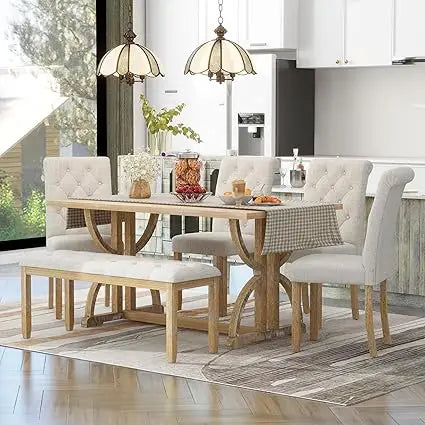 6-Piece Wooden Dining Table Set with Bench & Upholstered Chairs