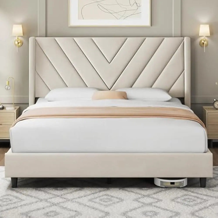 Queen Upholstered Platform Bed with Tufted Wingback Headboard