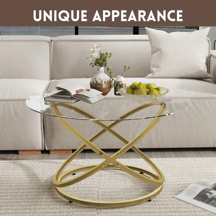 Round Glass Coffee Table with Gold Metal Frame