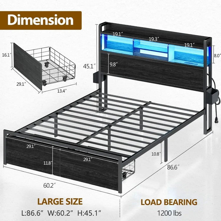 Queen Bed Frame with Headboard & Storage Drawers
