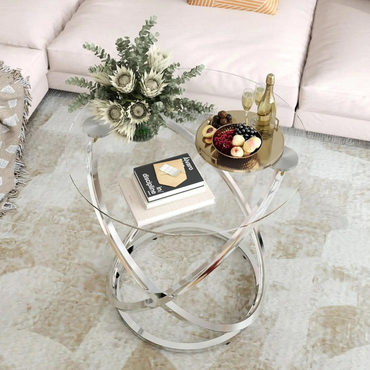 Round Glass Coffee Table with Gold Metal Frame