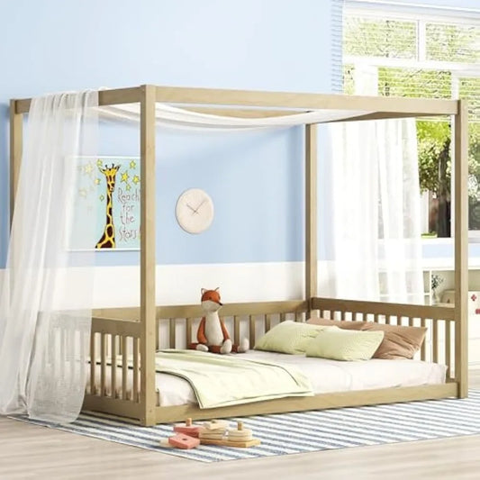 Full Size Floor Canopy Bed with Fence-style Guardrails