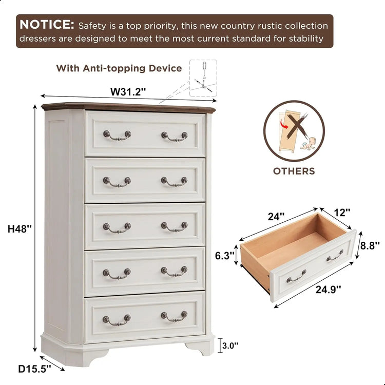 Farmhouse 5-Drawer Tall Dresser