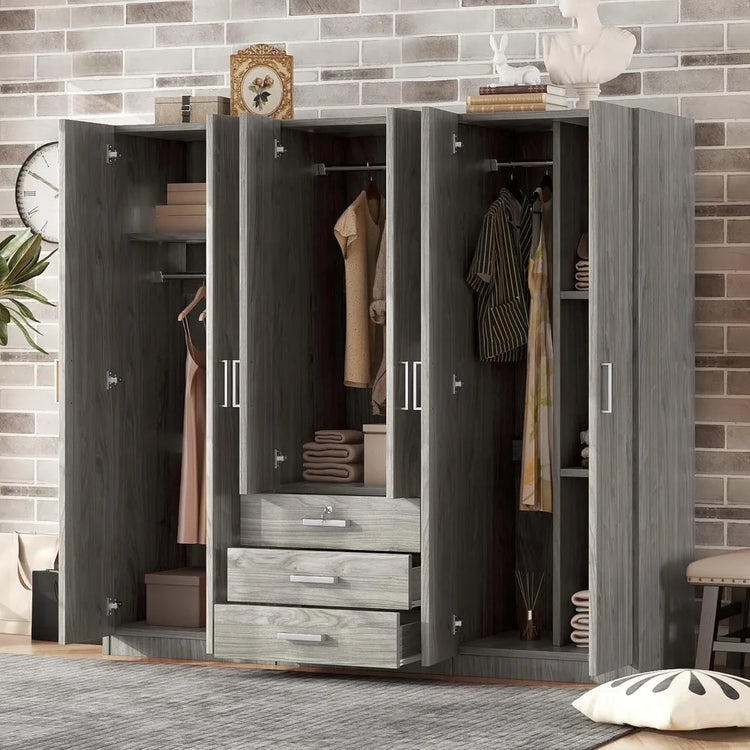 6-Door Armoire Wardrobe with Drawers and Shelves