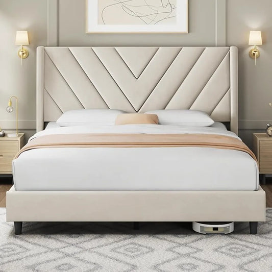 Queen Upholstered Platform Bed with Tufted Wingback Headboard