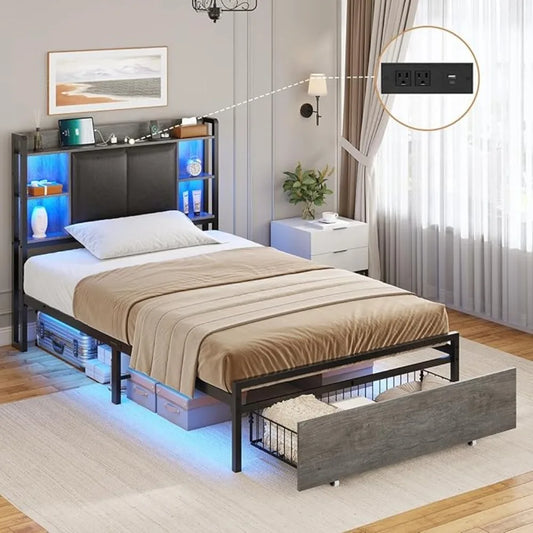 Twin Upholstered Bed Frame with Drawer
