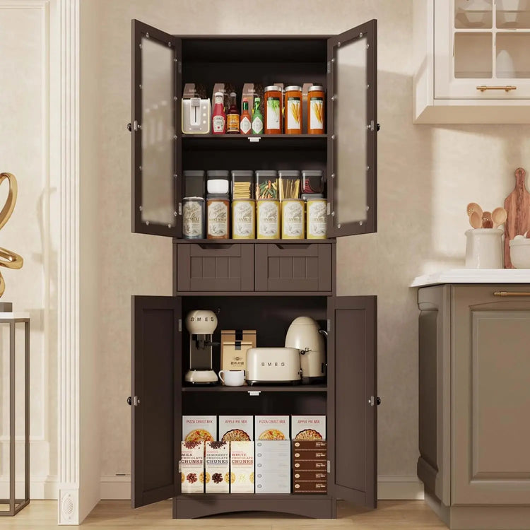 Tall Kitchen Pantry Storage Cabinet with Glass Door